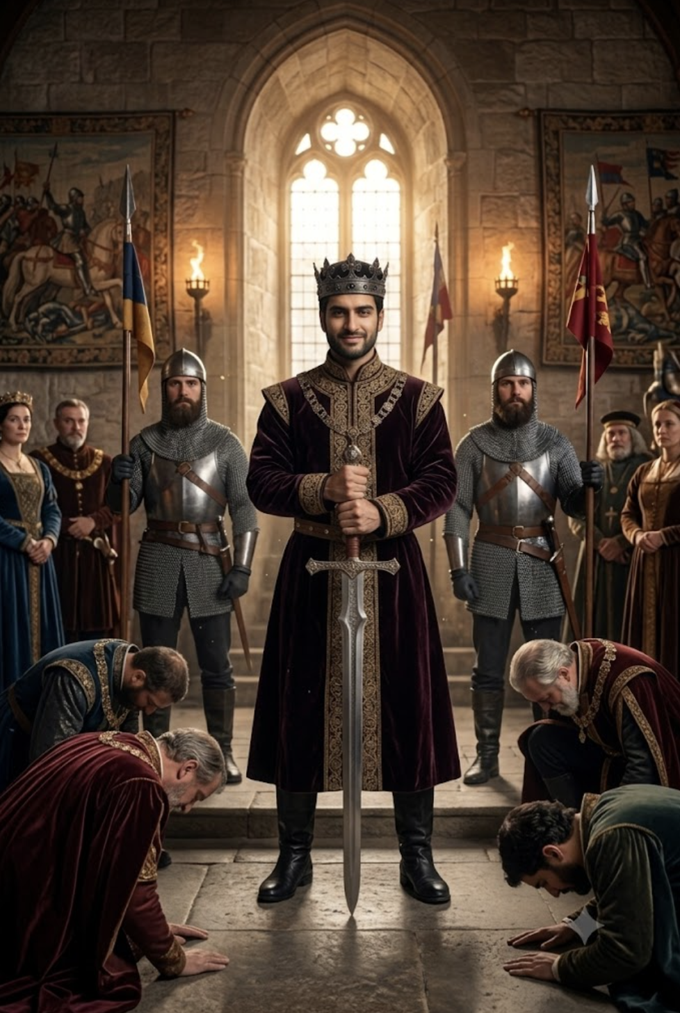 King Hemesh standing with a sword before his court in a grand stone hall.
